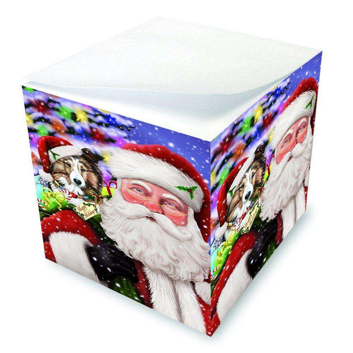 Jolly Old Saint Nick Santa Holding Shetland Dog and Happy Holiday Gifts Note Cube D225