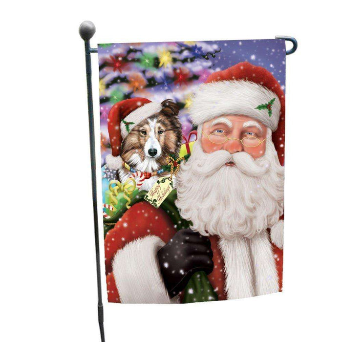 Jolly Old Saint Nick Santa Holding Shetland Sheepdog Dog and Happy Holiday Gifts Garden Flag
