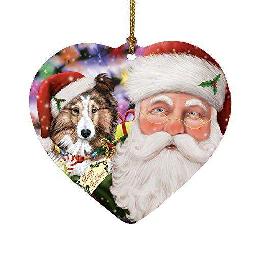 Jolly Old Saint Nick Santa Holding Shetland Sheepdog Dog and Happy Holiday Gifts Heart Christmas Ornament