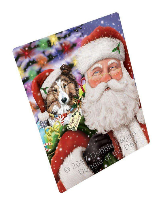 Jolly Old Saint Nick Santa Holding Shetland Sheepdog Dog and Happy Holiday Gifts Large Refrigerator / Dishwasher Magnet
