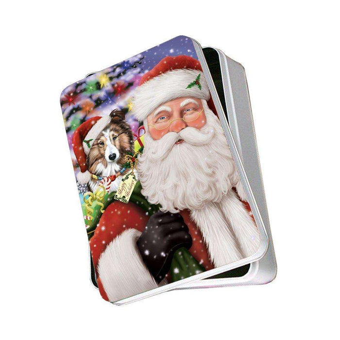 Jolly Old Saint Nick Santa Holding Shetland Sheepdog Dog and Happy Holiday Gifts Photo Storage Tin