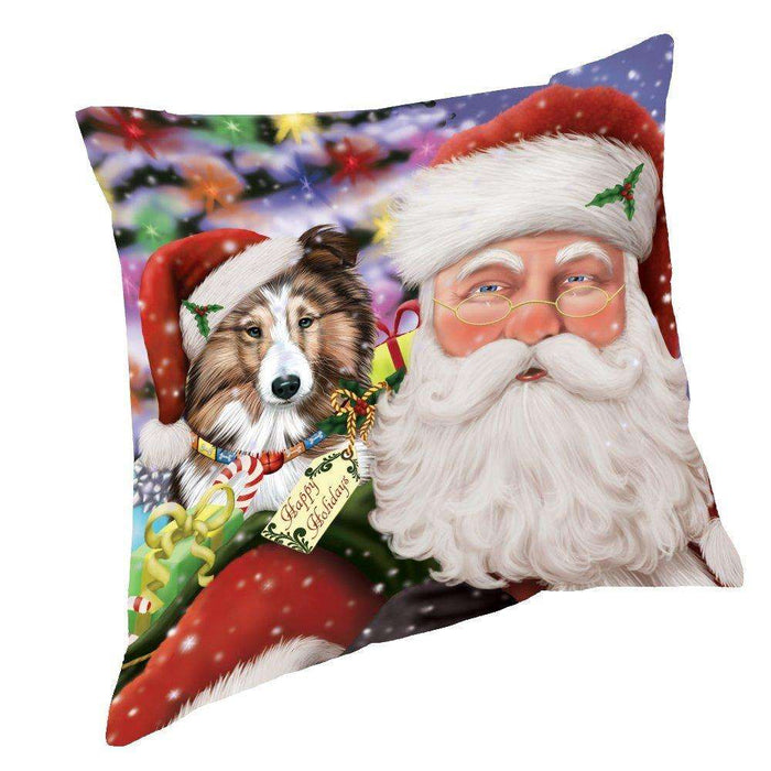 Jolly Old Saint Nick Santa Holding Shetland Sheepdog Dog and Happy Holiday Gifts Throw Pillow