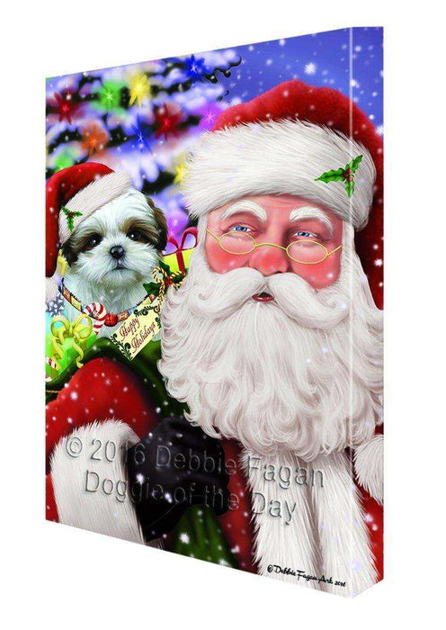 Jolly Old Saint Nick Santa Holding Shih Tzu Dog and Happy Holiday Gifts Canvas Wall Art