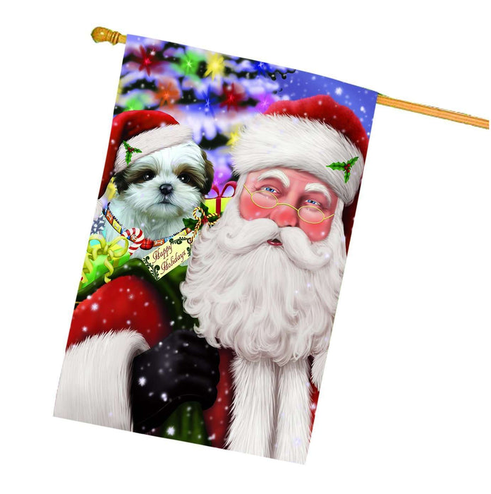Jolly Old Saint Nick Santa Holding Shih Tzu Dog and Happy Holiday Gifts House Flag