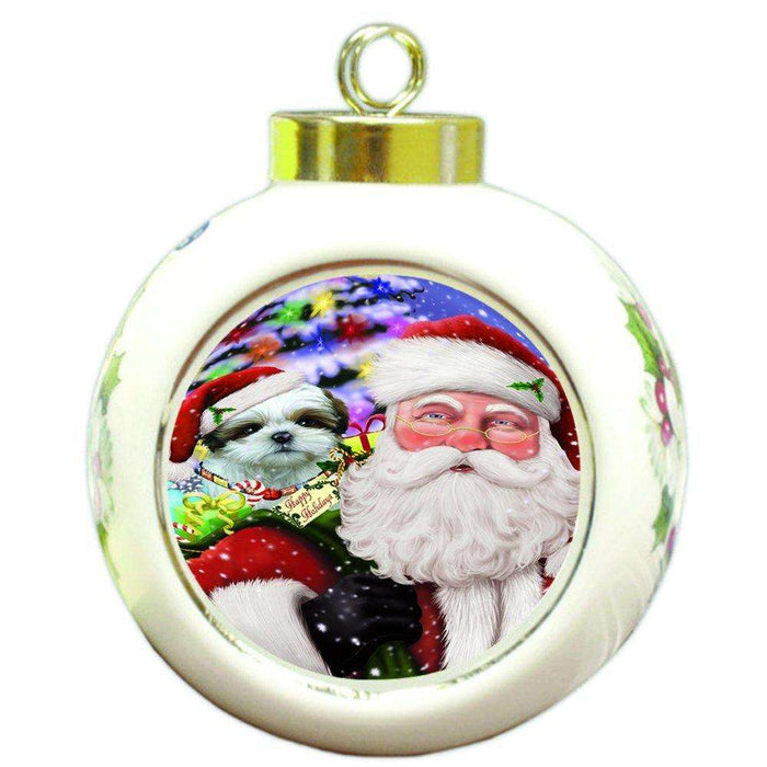 Jolly Old Saint Nick Santa Holding Shih Tzu Dog and Happy Holiday Gifts Round Ball Christmas Ornament D412