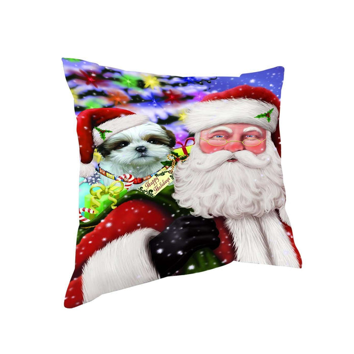 Jolly Old Saint Nick Santa Holding Shih Tzu Dog and Happy Holiday Gifts Throw Pillow