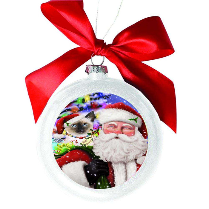 Jolly Old Saint Nick Santa Holding Siamese Cat and Happy Holiday Gifts White Round Ball Christmas Ornament WBSOR48886