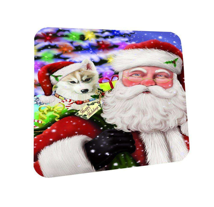 Jolly Old Saint Nick Santa Holding Siberian Huskies Dog and Happy Holiday Gifts Coasters Set of 4