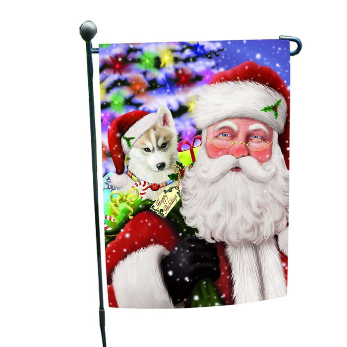 Jolly Old Saint Nick Santa Holding Siberian Huskies Dog and Happy Holiday Gifts Garden Flag