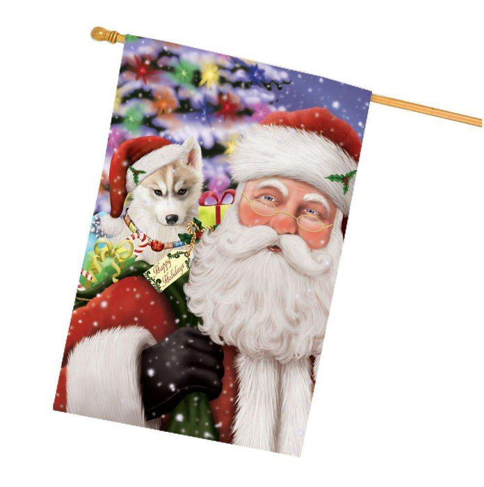 Jolly Old Saint Nick Santa Holding Siberian Huskies Dog and Happy Holiday Gifts House Flag