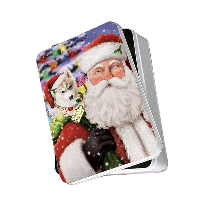 Jolly Old Saint Nick Santa Holding Siberian Huskies Dog and Happy Holiday Gifts Photo Storage Tin