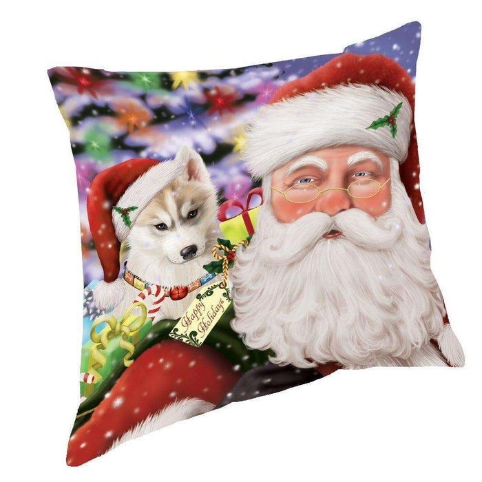 Jolly Old Saint Nick Santa Holding Siberian Huskies Dog and Happy Holiday Gifts Throw Pillow