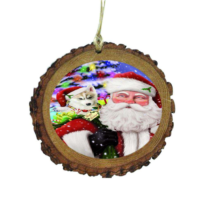 Jolly Old Saint Nick Santa Holding Siberian Husky Dog and Happy Holiday Gifts Wooden Christmas Ornament WOR48887