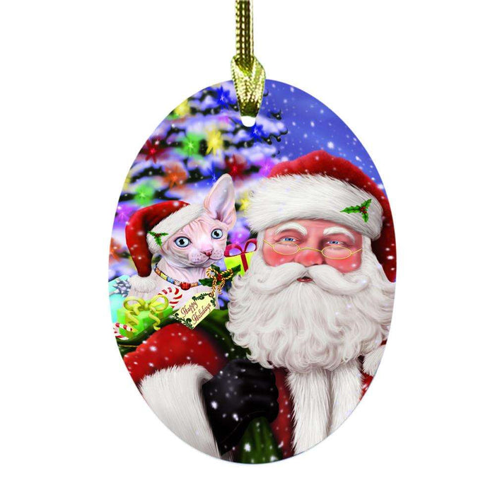Jolly Old Saint Nick Santa Holding Sphynx Cat and Happy Holiday Gifts Oval Glass Christmas Ornament OGOR48888