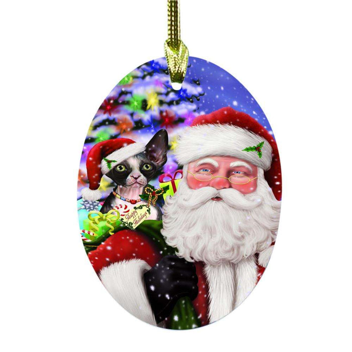 Jolly Old Saint Nick Santa Holding Sphynx Cat and Happy Holiday Gifts Oval Glass Christmas Ornament OGOR48889
