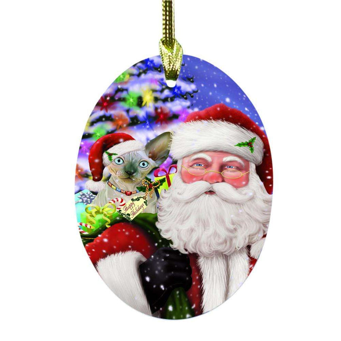 Jolly Old Saint Nick Santa Holding Sphynx Cat and Happy Holiday Gifts Oval Glass Christmas Ornament OGOR48890