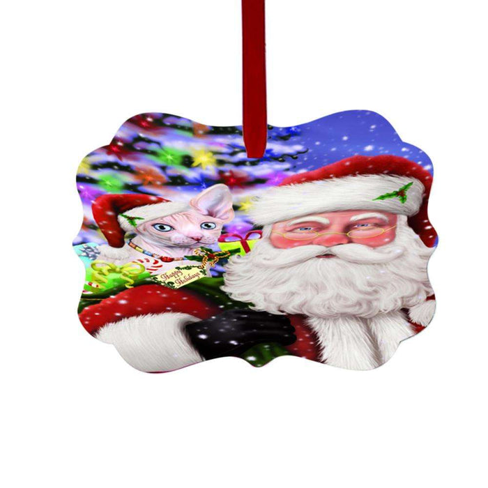 Jolly Old Saint Nick Santa Holding Sphynx Cat and Holiday Gifts Double-Sided Photo Benelux Christmas Ornament LOR48888