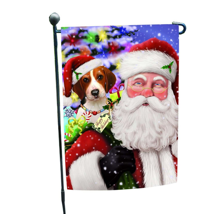 Jolly Old Saint Nick Santa Holding Treeing Walker Coonhound Dog and Happy Holiday Gifts Garden Flag