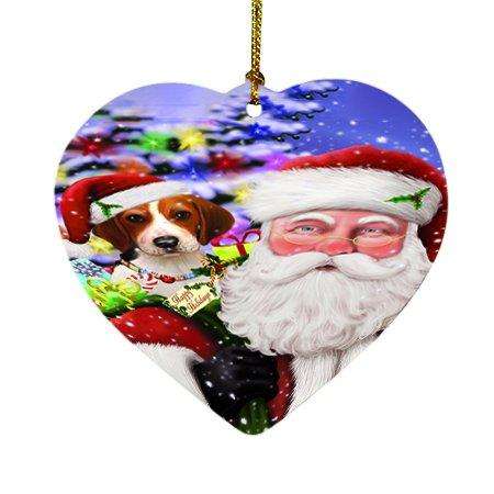 Jolly Old Saint Nick Santa Holding Treeing Walker Coonhound Dog and Happy Holiday Gifts Heart Christmas Ornament D385