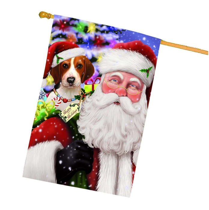 Jolly Old Saint Nick Santa Holding Treeing Walker Coonhound Dog and Happy Holiday Gifts House Flag