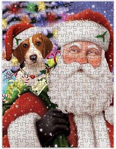 Jolly Old Saint Nick Santa Holding Treeing Walker Coonhound Dog and Happy Holiday Gifts Puzzle with Photo Tin