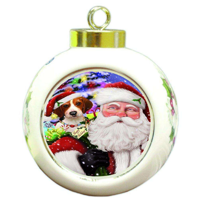 Jolly Old Saint Nick Santa Holding Treeing Walker Coonhound Dog and Happy Holiday Gifts Round Ball Christmas Ornament D413