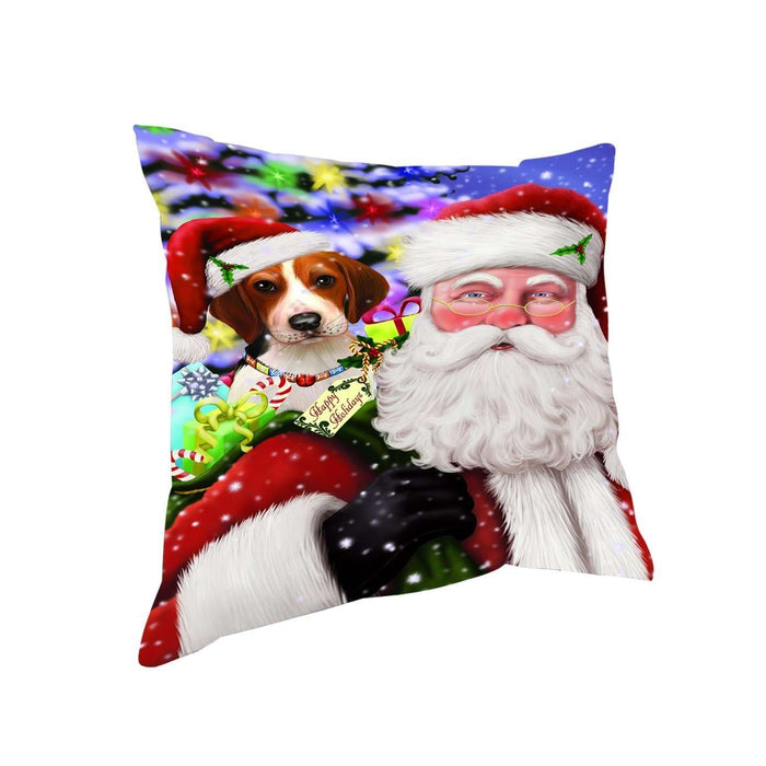 Jolly Old Saint Nick Santa Holding Treeing Walker Coonhound Dog and Happy Holiday Gifts Throw Pillow