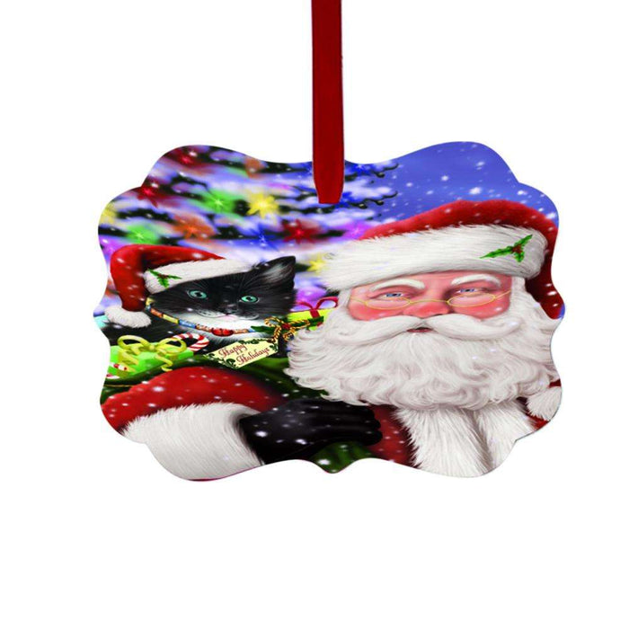 Jolly Old Saint Nick Santa Holding Tuxedo Cat and Holiday Gifts Double-Sided Photo Benelux Christmas Ornament LOR48893