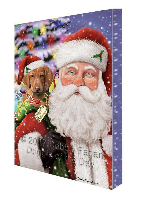 Jolly Old Saint Nick Santa Holding Vizsla Dog and Happy Holiday Gifts Canvas Wall Art
