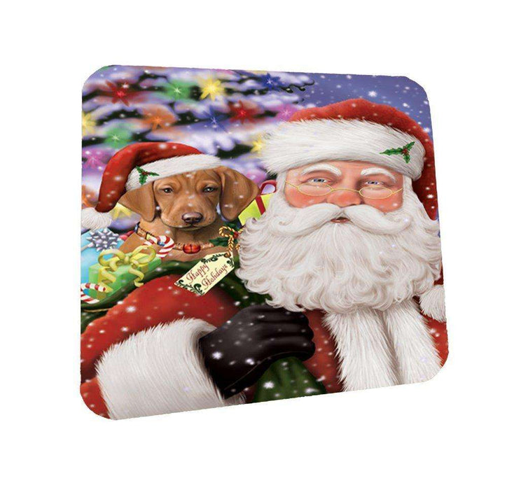 Jolly Old Saint Nick Santa Holding Vizsla Dog and Happy Holiday Gifts Coasters Set of 4