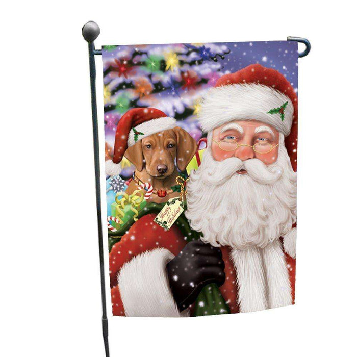 Jolly Old Saint Nick Santa Holding Vizsla Dog and Happy Holiday Gifts Garden Flag