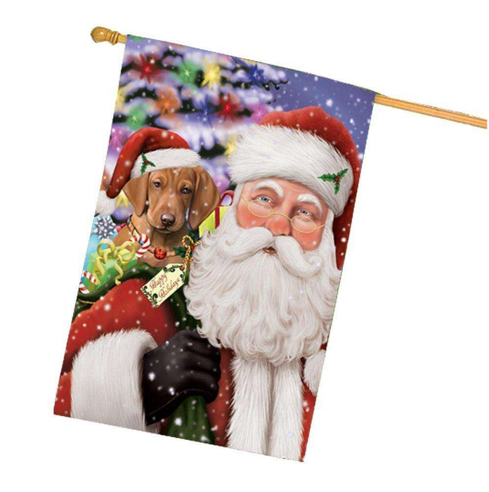 Jolly Old Saint Nick Santa Holding Vizsla Dog and Happy Holiday Gifts House Flag