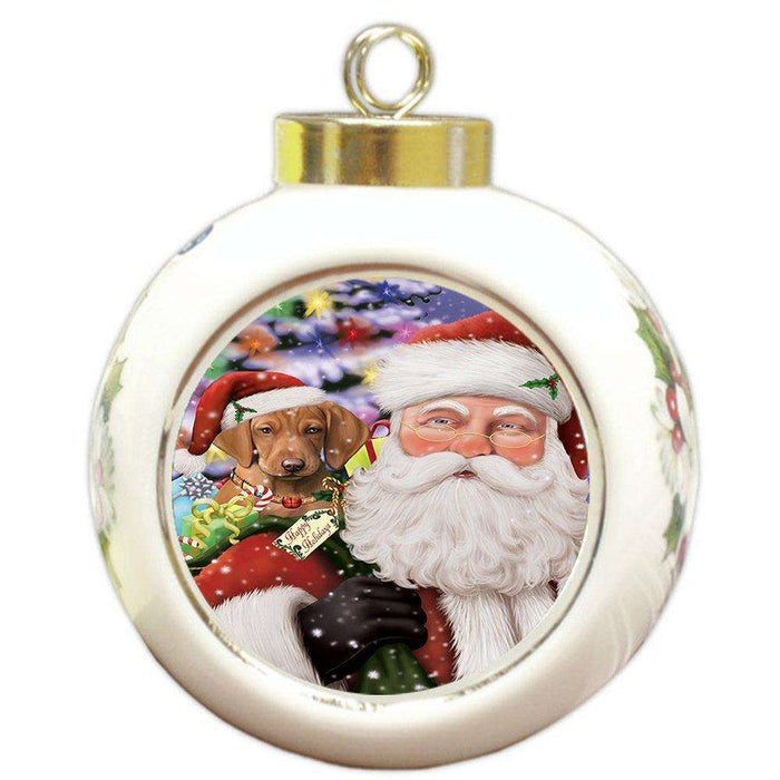 Jolly Old Saint Nick Santa Holding Vizsla Dog and Happy Holiday Gifts Round Ball Christmas Ornament