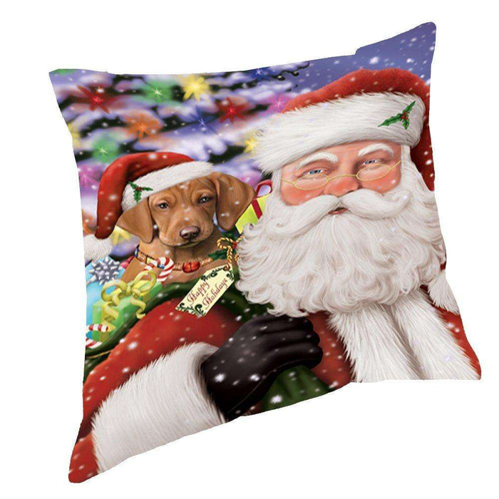 Jolly Old Saint Nick Santa Holding Vizsla Dog and Happy Holiday Gifts Throw Pillow