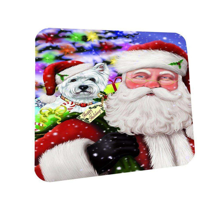 Jolly Old Saint Nick Santa Holding West Highland Terriers Dog and Happy Holiday Gifts Coasters Set of 4