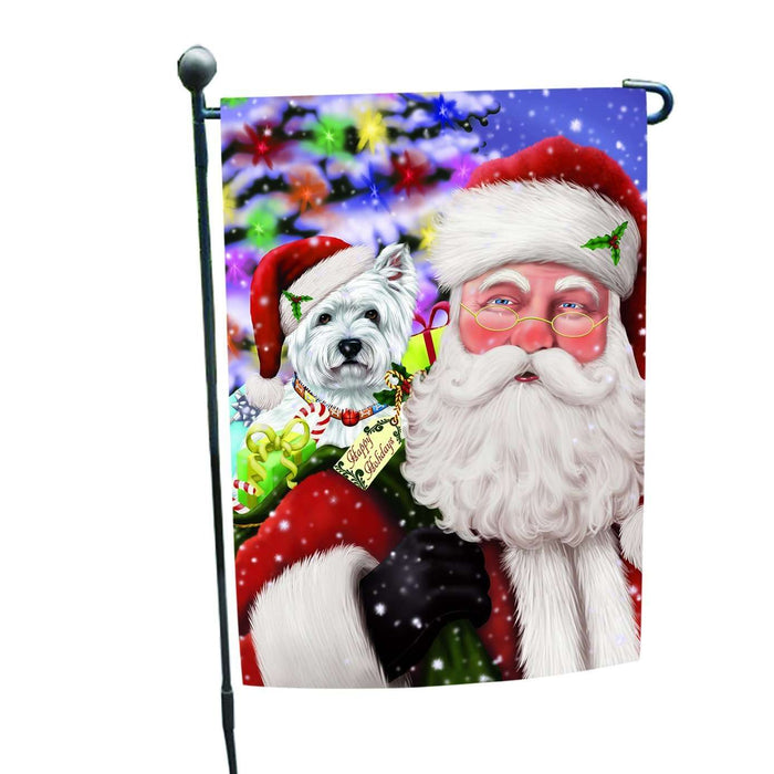 Jolly Old Saint Nick Santa Holding West Highland Terriers Dog and Happy Holiday Gifts Garden Flag