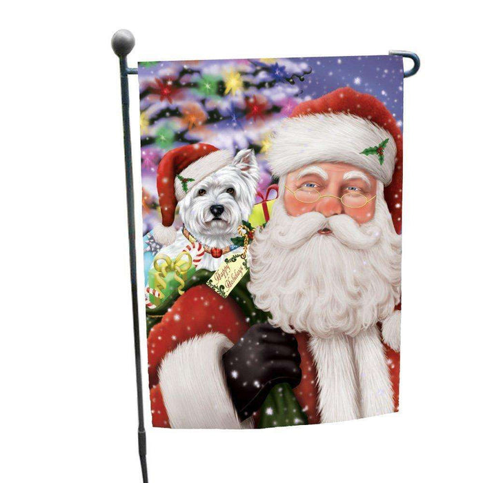 Jolly Old Saint Nick Santa Holding West Highland Terriers Dog and Happy Holiday Gifts Garden Flag