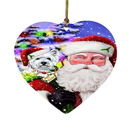 Jolly Old Saint Nick Santa Holding West Highland Terriers Dog and Happy Holiday Gifts Heart Christmas Ornament D197
