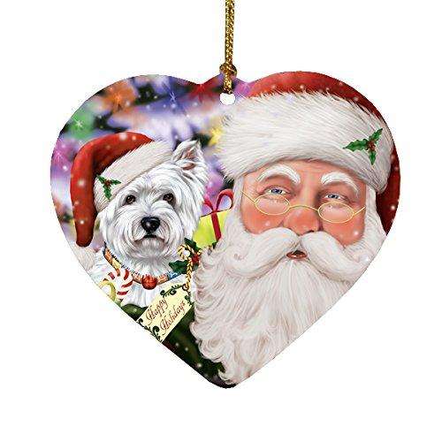 Jolly Old Saint Nick Santa Holding West Highland Terriers Dog and Happy Holiday Gifts Heart Christmas Ornament