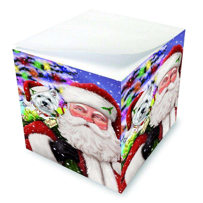 Jolly Old Saint Nick Santa Holding West Highland Terriers Dog and Happy Holiday Gifts Note Cube D227