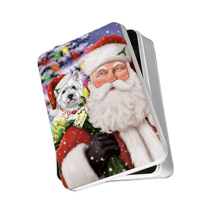 Jolly Old Saint Nick Santa Holding West Highland Terriers Dog and Happy Holiday Gifts Photo Storage Tin