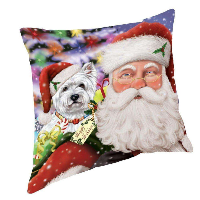 Jolly Old Saint Nick Santa Holding West Highland Terriers Dog and Happy Holiday Gifts Throw Pillow