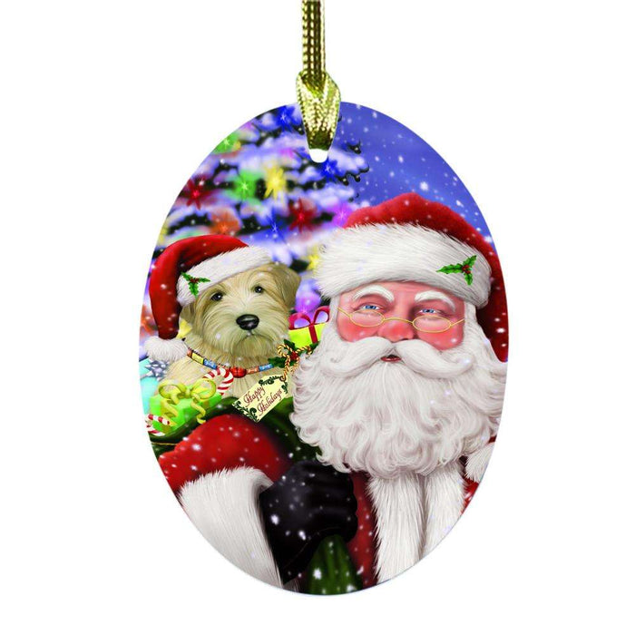 Jolly Old Saint Nick Santa Holding Wheaten Terrier Dog and Happy Holiday Gifts Oval Glass Christmas Ornament OGOR48897