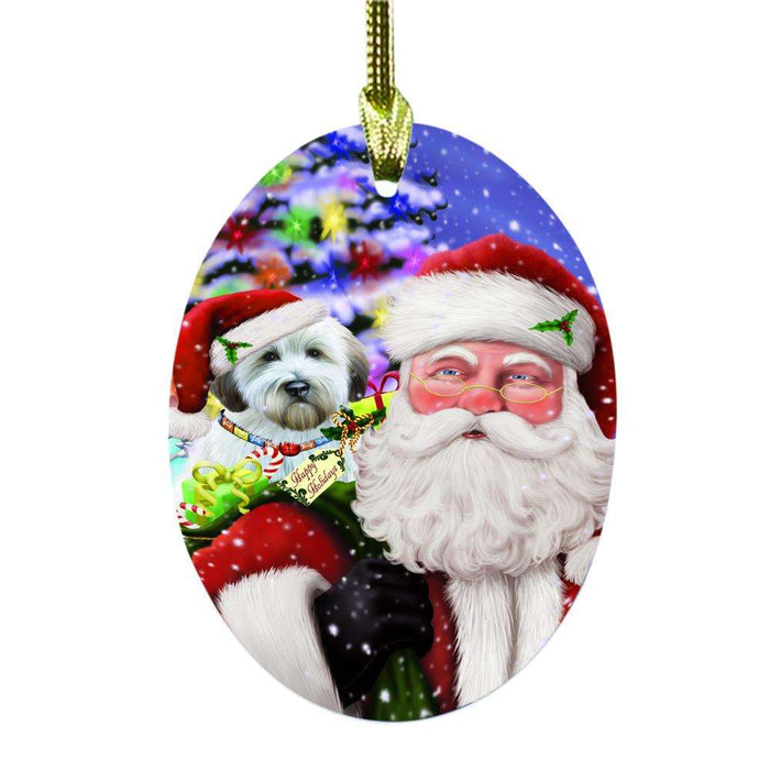 Jolly Old Saint Nick Santa Holding Wheaten Terrier Dog and Happy Holiday Gifts Oval Glass Christmas Ornament OGOR48898