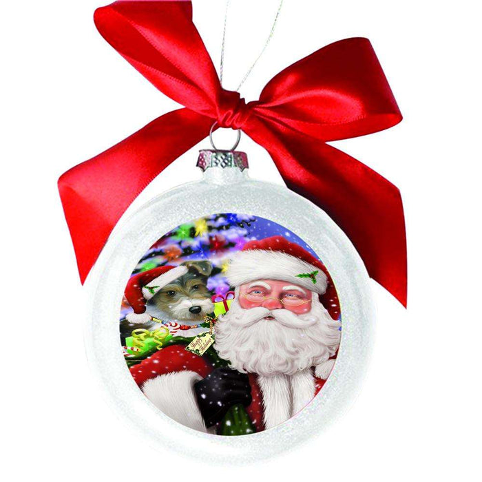 Jolly Old Saint Nick Santa Holding Wire Fox Terrier Dog and Happy Holiday Gifts White Round Ball Christmas Ornament WBSOR48899