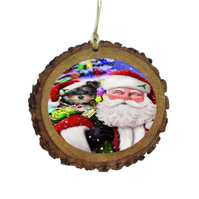 Jolly Old Saint Nick Santa Holding Yorkipoo Dog and Happy Holiday Gifts Wooden Christmas Ornament WOR48901