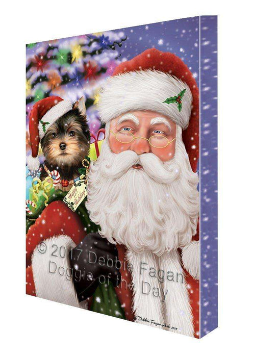 Jolly Old Saint Nick Santa Holding Yorkshire Terriers Dog and Happy Holiday Gifts Canvas Wall Art
