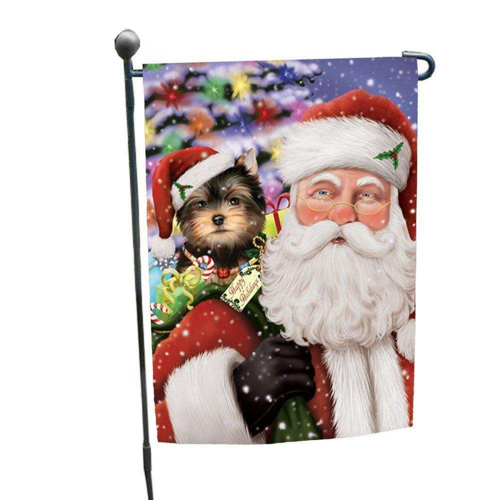 Jolly Old Saint Nick Santa Holding Yorkshire Terriers Dog and Happy Holiday Gifts Garden Flag