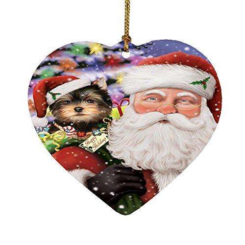 Jolly Old Saint Nick Santa Holding Yorkshire Terriers Dog and Happy Holiday Gifts Heart Christmas Ornament