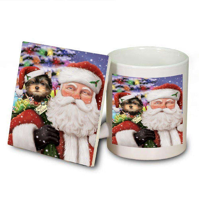 Jolly Old Saint Nick Santa Holding Yorkshire Terriers Dog and Happy Holiday Gifts Mug and Coaster Set